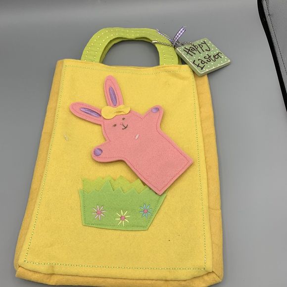 Large Yellow Embroidered Felt Easter Bunny Bag Tote and Happy Easter Wooden Tag - Picture 1 of 9